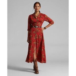 RRL Ralph Ralph Lauren Red Bias-Cut Floral Cotton Dress Size 1 XS Small